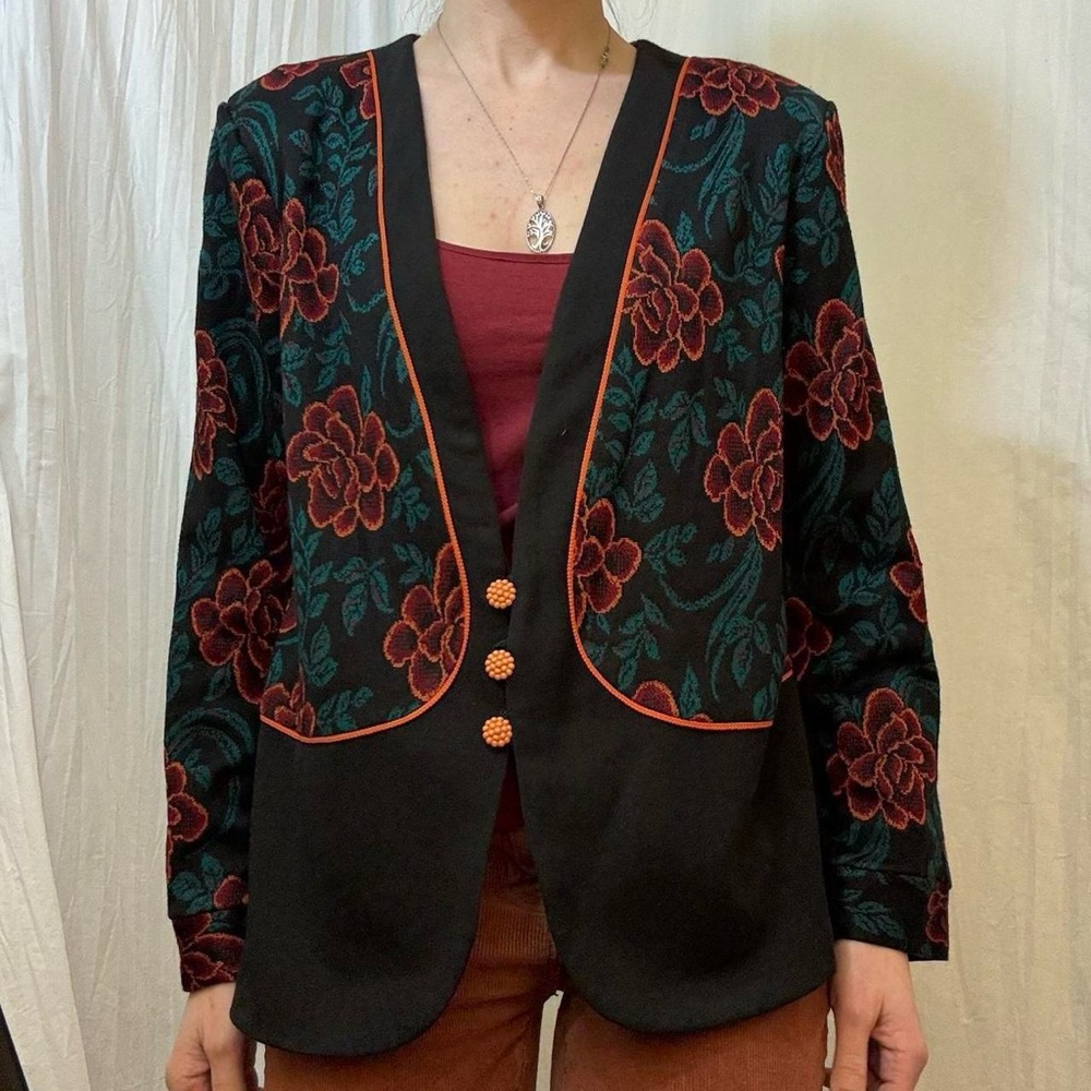Vintage‎ Floral Blazer with Red, Green, and Orange Design